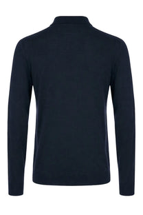 Navy blue long-sleeved polo shirt with ribbed collar and cuffs made from lana merino by Drumohr men