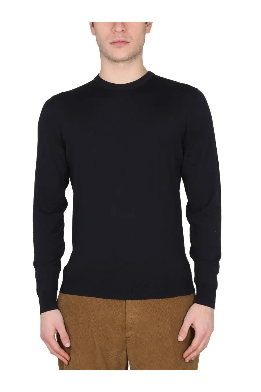 Drumohr men’s black long-sleeved wool jersey crew neck sweater front view