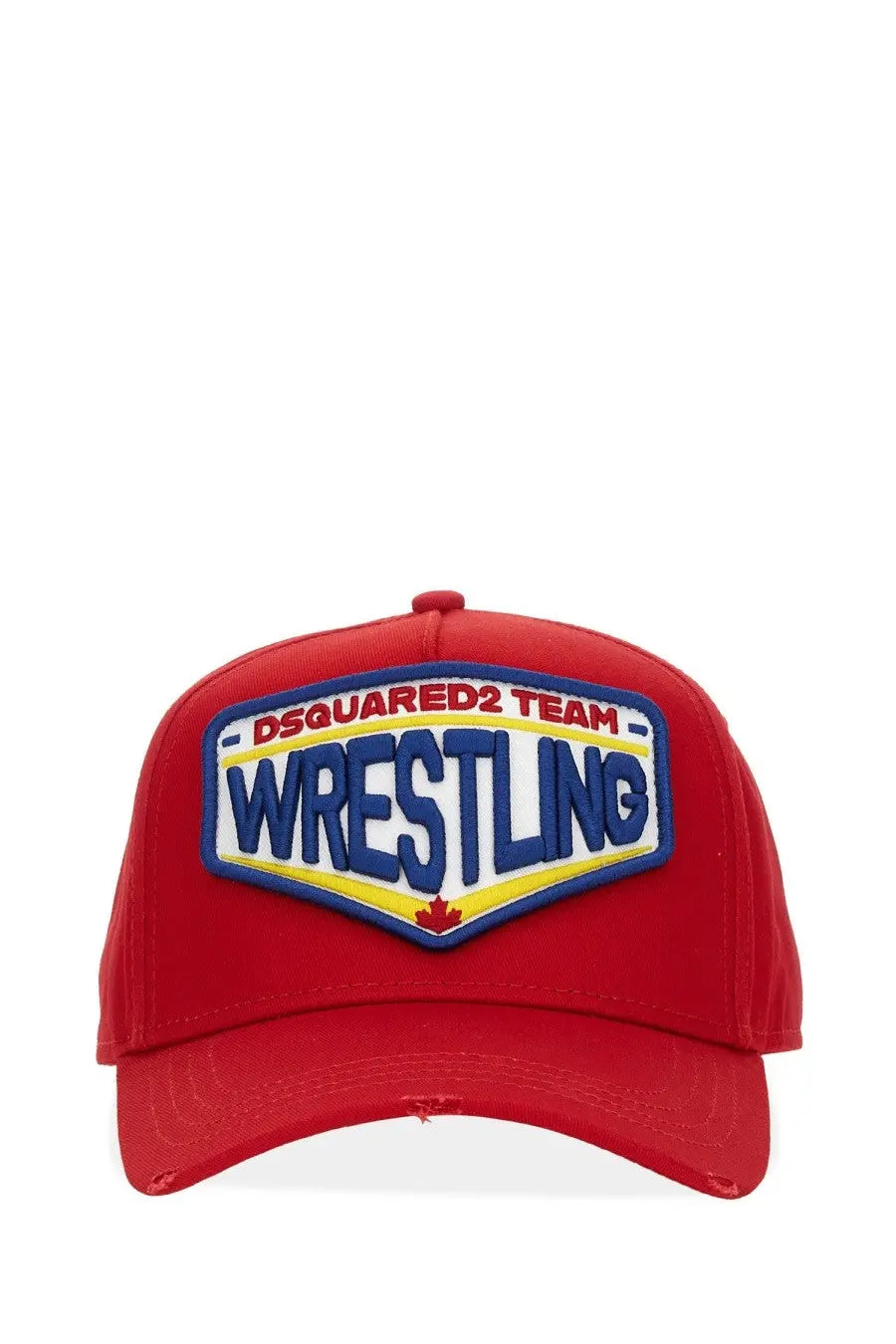 Dsquared2 men’s red baseball hat with bold embroidered patch featuring blue lettering yellow white accents and maple leaf emblem