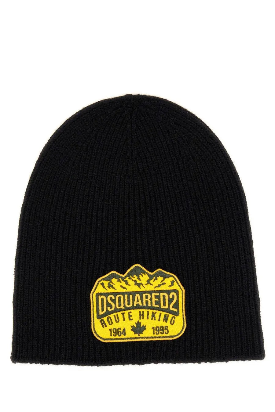Dsquared2 men’s black ribbed knit beanie hat with yellow embroidered patch featuring hiking and mountain design
