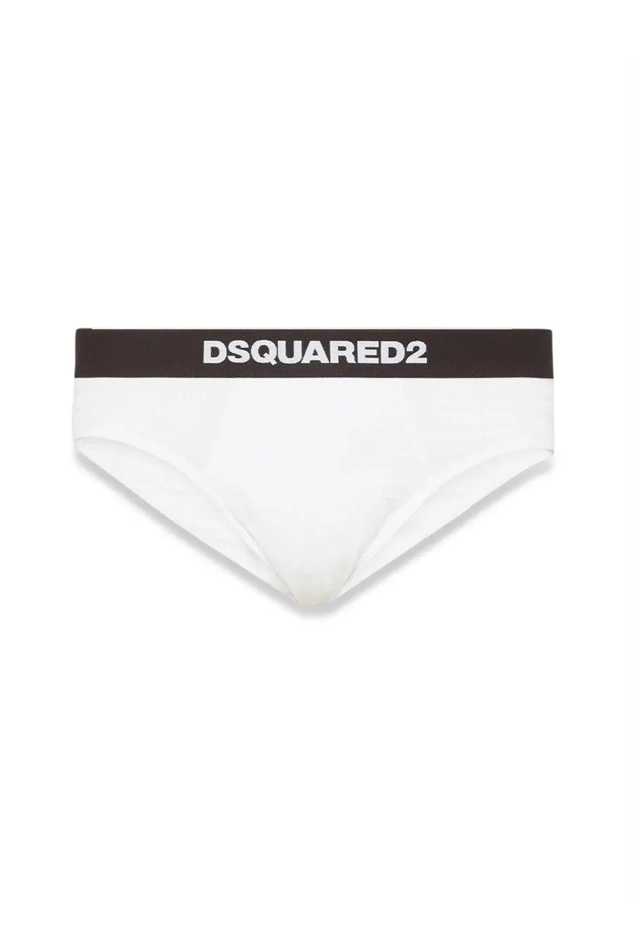 Dsquared2 men’s white briefs with a black waistband featuring the brand’s white logo lettering for everyday wear