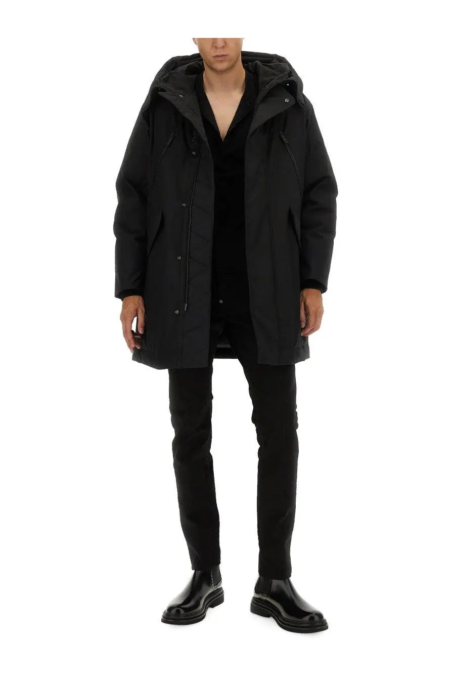 Dsquared2 men’s black caban puffer coat with hood and front zipper closure for cold weather protection