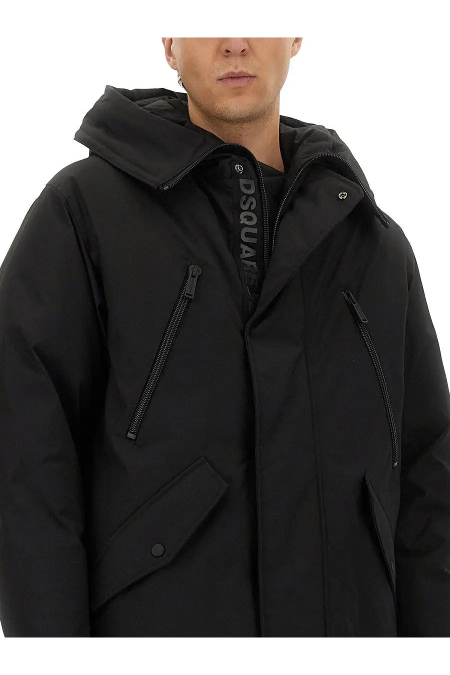 Dsquared2 men’s black hooded parka with zippered pockets and branded inner collar in a caban puffer coat design
