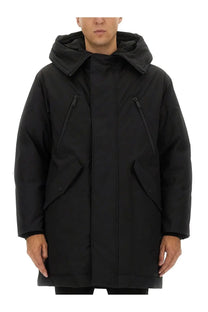 Dsquared2 men’s caban puffer coat black with hood and zippered pockets featuring a sleek modern design