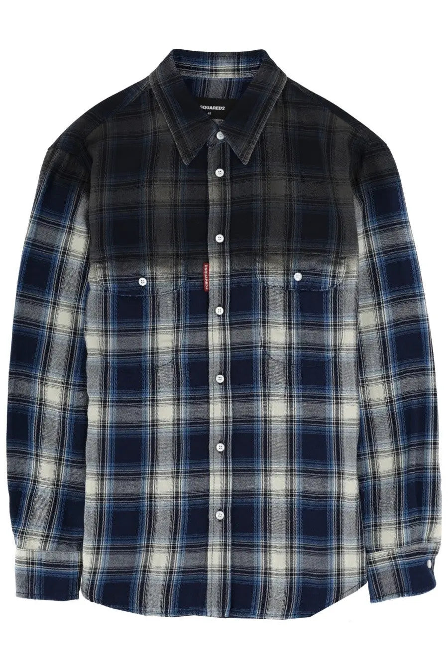 Dsquared2 men’s Canadian vintage shirt in dark blue and gray plaid with white buttons and collar label