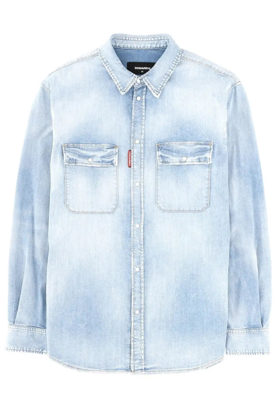 Dsquared2 men’s canadian vintage light blue distressed denim shirt with two front pockets and button-down collar