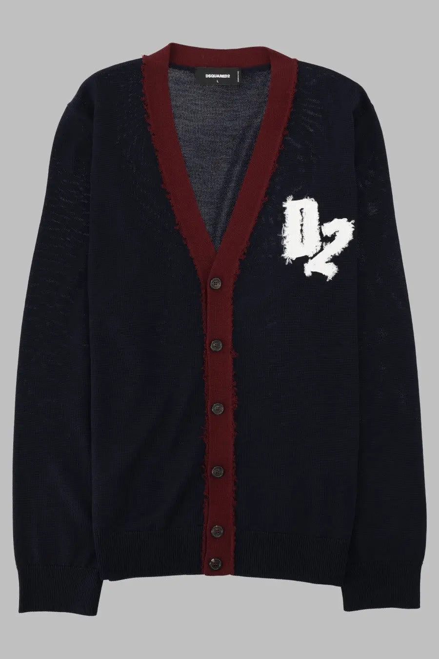 Dsquared2 men’s dark navy lana black cardigan with bold red v-neck trim and distressed white d2 logo on chest