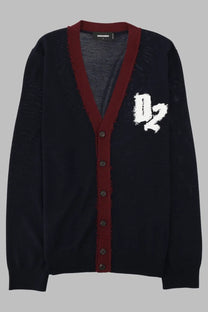 Dsquared2 men’s dark navy lana black cardigan with bold red v-neck trim and distressed white d2 logo on chest