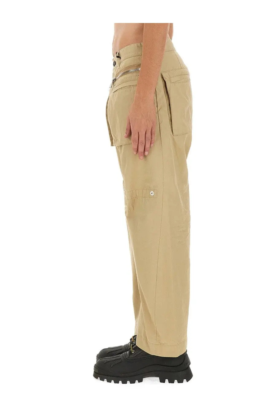 Dsquared2 men’s beige cargo pants with multiple pockets and zipper detail on the side seam for casual wear