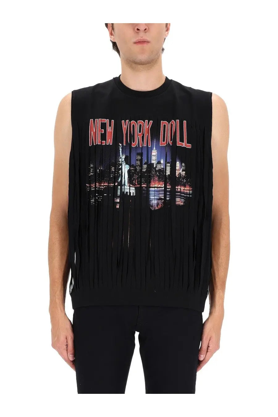 Dsquared2 men’s black sleeveless cigarette shirt with fringed hem and New York skyline graphic print at dusk