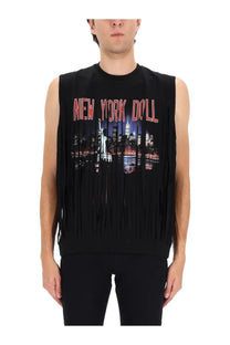 Dsquared2 men’s black sleeveless cigarette shirt with fringed hem and New York skyline graphic print at dusk