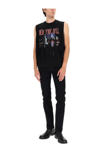 Dsquared2 men’s black sleeveless cigarette shirt with new york doll graphic and fringe detailing
