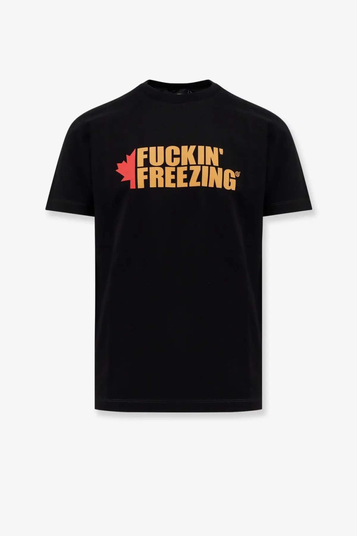 Dsquared2 men’s black cotton t-shirt with bold orange and red fuckin freezing graphic and maple leaf design