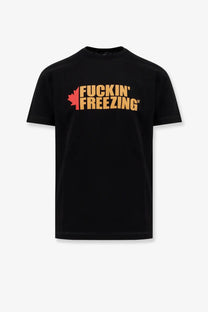 Dsquared2 men’s black cotton t-shirt with bold orange and red fuckin freezing graphic and maple leaf design