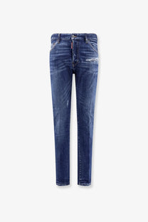 Dsquared2 men’s cool guy stretch cotton jeans blue featuring dark blue denim with distressed worn-in look and subtle fading