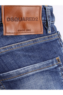 Blue denim dsquared2 men’s cool guy stretch cotton jeans with brown leather patch embossed with brand name on back