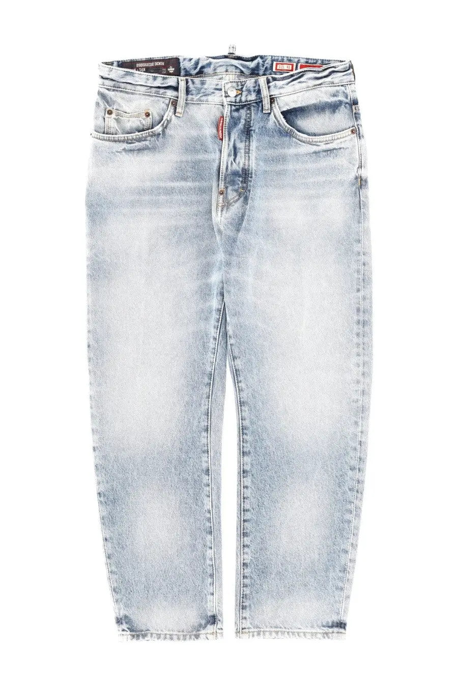 Dsquared2 men’s cotton denim jeans in blue with a light-wash faded distressed look and classic five-pocket design