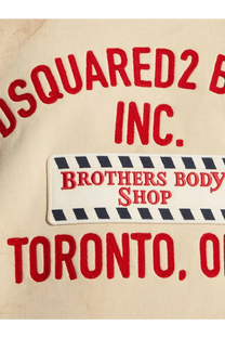 Beige dsquared2 men’s cotton sweatshirt with red embroidered lettering and white patch with black striped borders