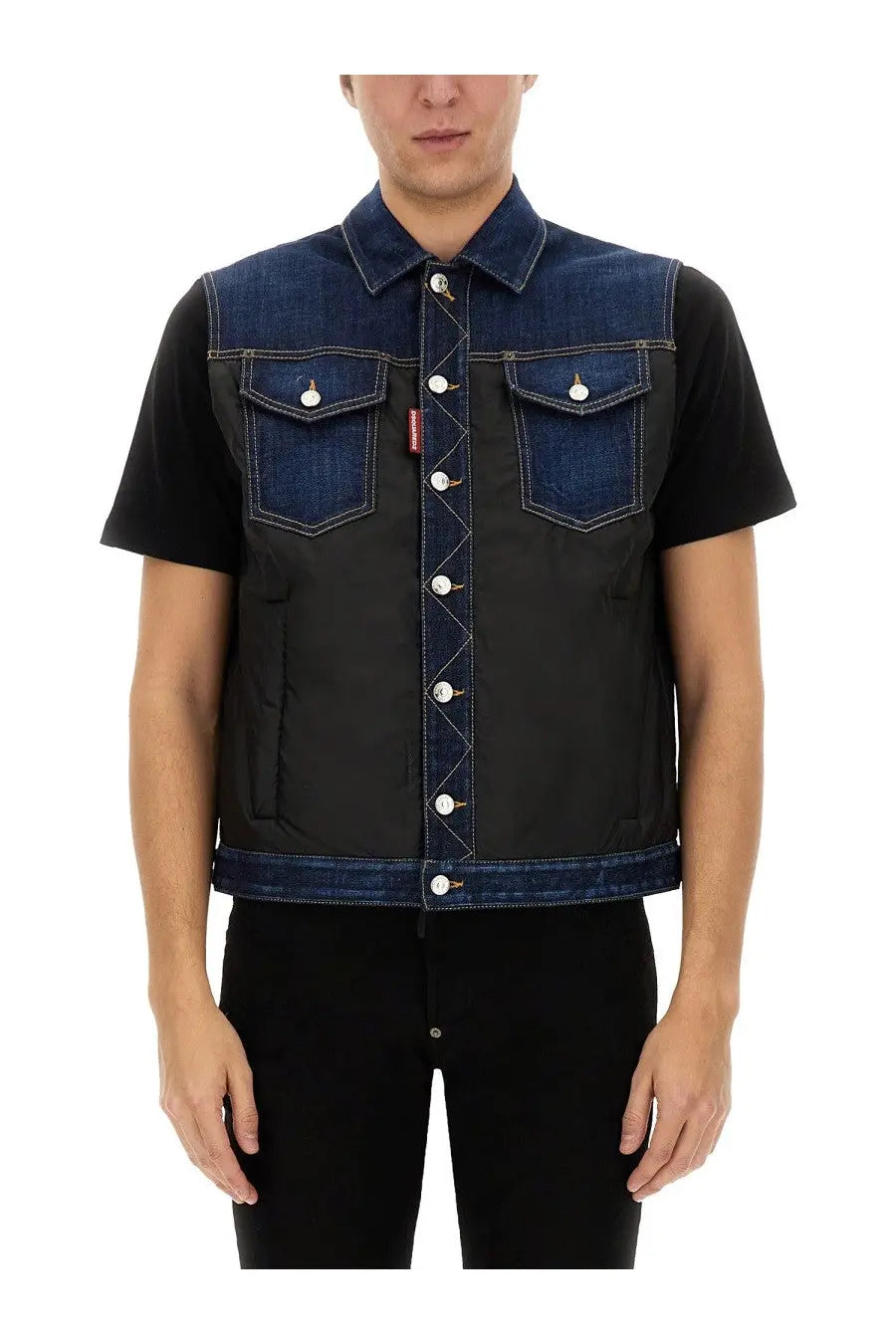 Dsquared2 men’s blue denim puffer vest with black fabric panels silver buttons and red brand tag on chest pocket