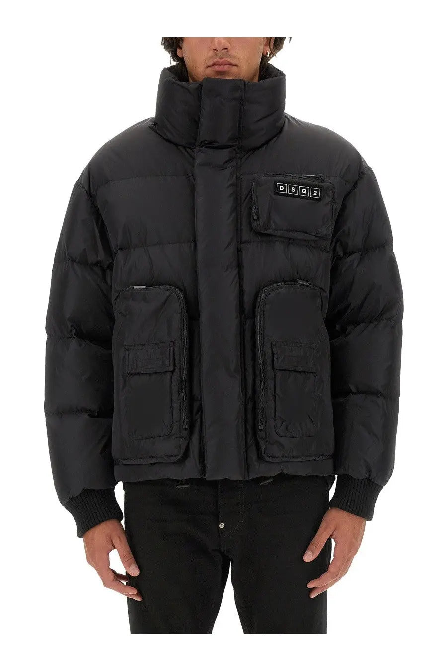 Black dsquared2 men’s down jacket with multiple pockets and high collar made from puffer material