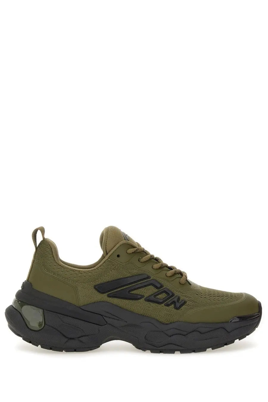 Dsquared2 men’s faster sneaker in olive green and black with chunky sole mesh upper and bold icon branding on the side