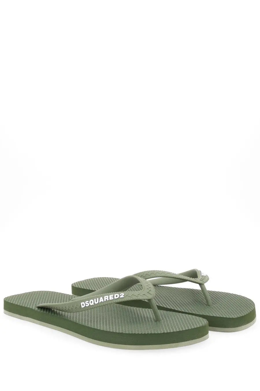 Dsquared2 men’s olive green rubber flip-flops with textured sole and white branding on the strap