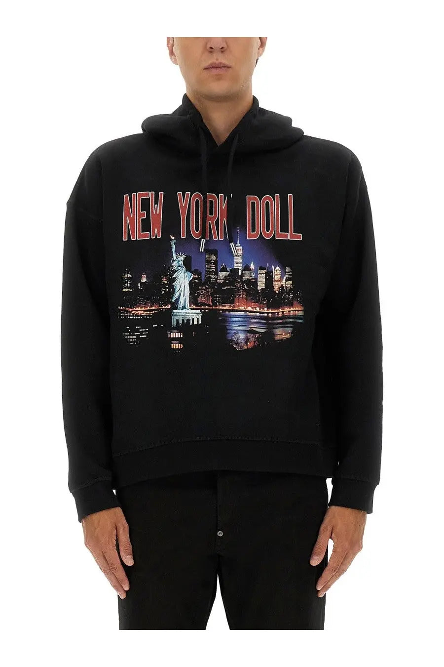 Dsquared2 men’s black hoodie with vibrant new york skyline graphic at night and red lettering print on front