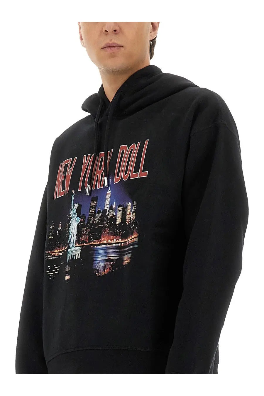 Dsquared2 men’s black hoodie featuring a vibrant new york skyline graphic in red white and blue tones