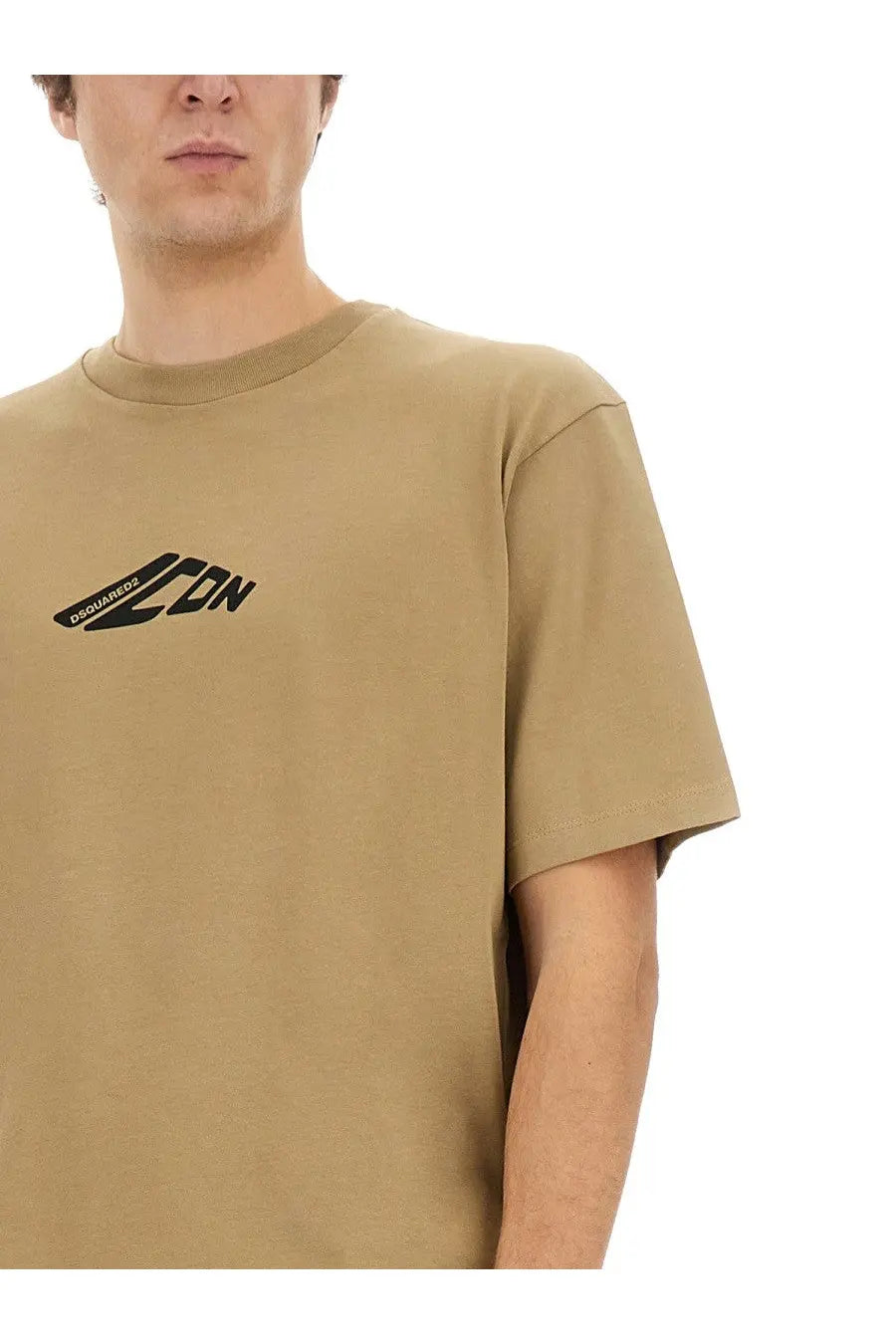 Beige cotton dsquared2 men’s icon new generation loose fit shirt with black logo on left chest