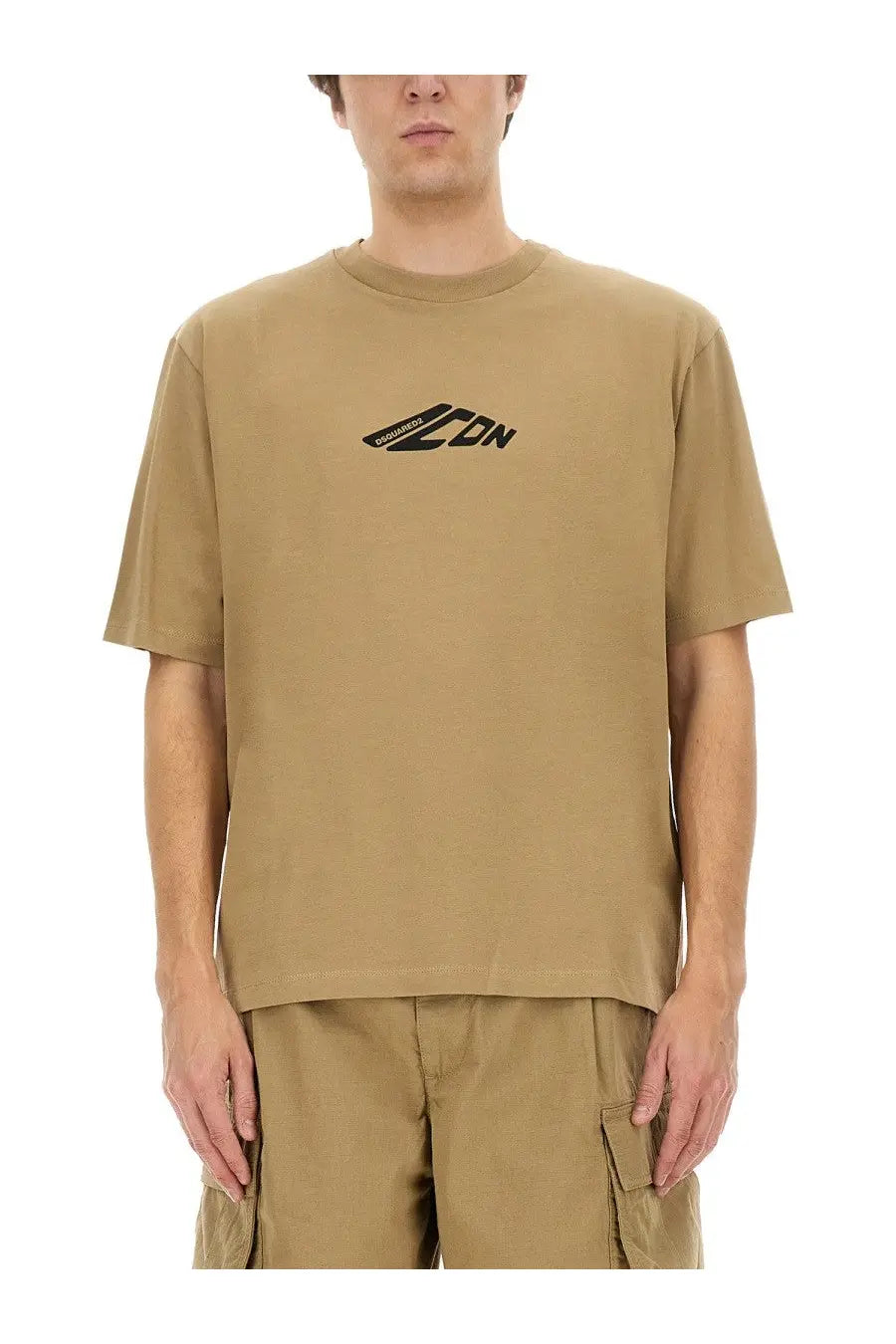 Dsquared2 men’s icon new generation beige short-sleeved t-shirt with black graphic logo on the chest