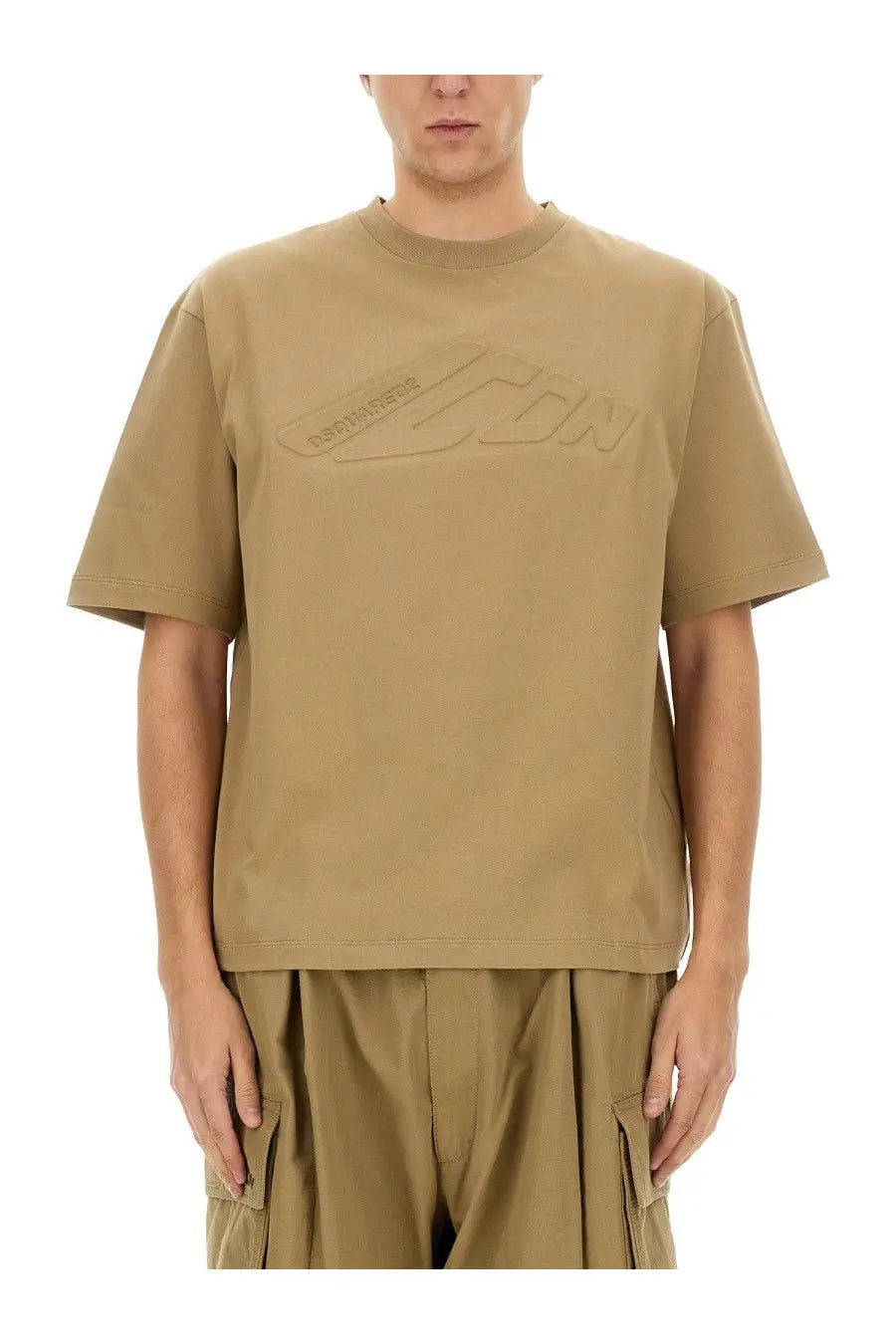 Beige Dsquared2 men’s short-sleeved t-shirt with subtle embossed logo across chest in soft cotton material