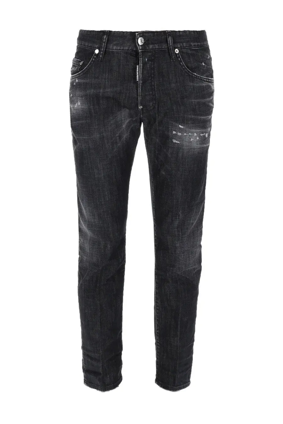 Dsquared2 men’s black distressed denim jeans with slim fit and subtle white paint splatter details