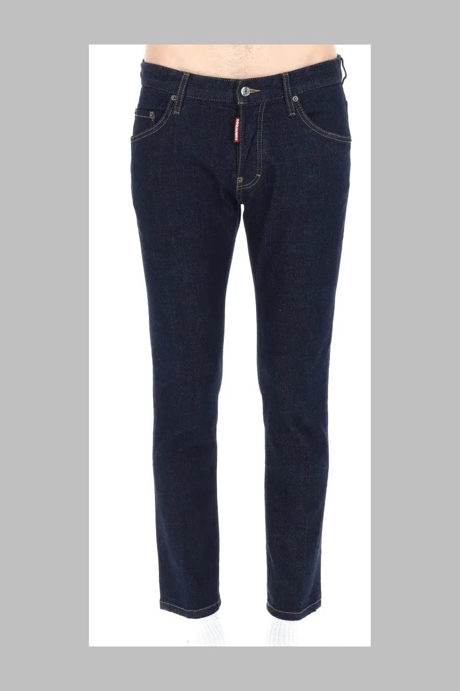 Dsquared2 men’s dark blue denim jeans with classic straight-leg cut white stitching and red brand tag on the front right waistband