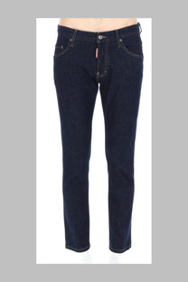 Dsquared2 men’s dark blue denim jeans with classic straight-leg cut white stitching and red brand tag on the front right waistband