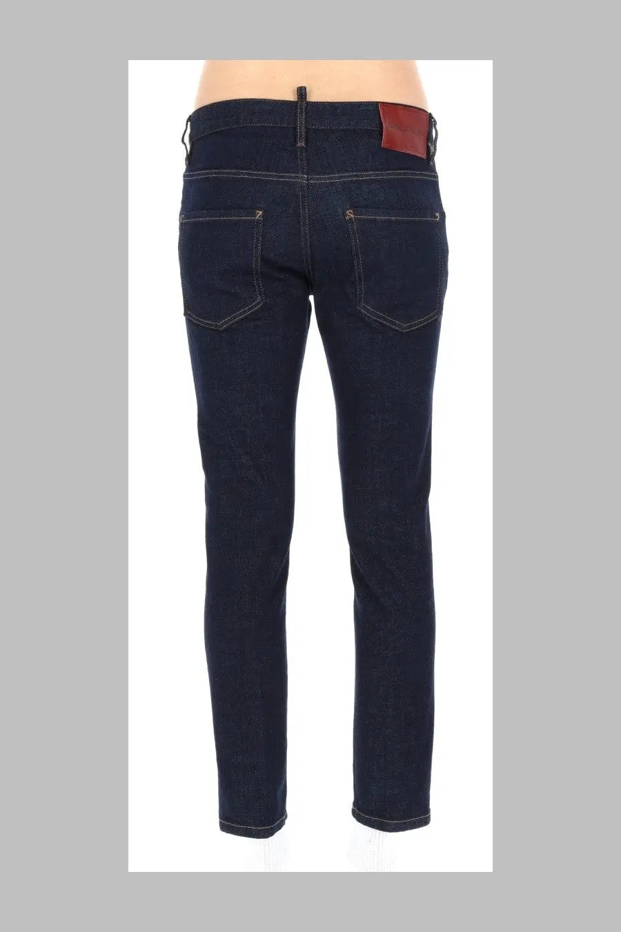 Dsquared2 men’s skater black dark blue denim jeans with a red leather patch at the waistband back view