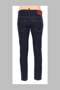 Dsquared2 men’s skater black dark blue denim jeans with a red leather patch at the waistband back view