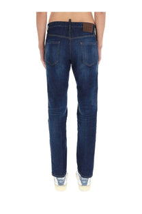 Dark blue denim dsquared2 men’s jeans teddy blue with classic straight-leg cut and brown leather waistband patch back view