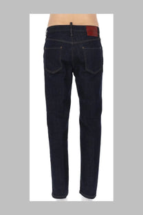 Dark indigo denim jeans with a red leather patch on the waistband dsquared2 men’s jeans teddy blue back side