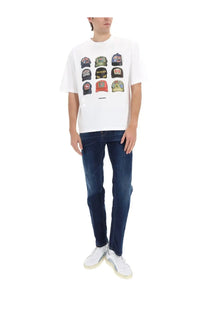 White t-shirt with colorful baseball caps graphic print paired with dsquared2 men’s jeans teddy blue