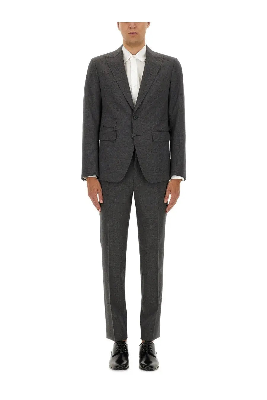 Dsquared2 men’s London dress grey tailored charcoal gray wool suit with notched lapels and two-button closure