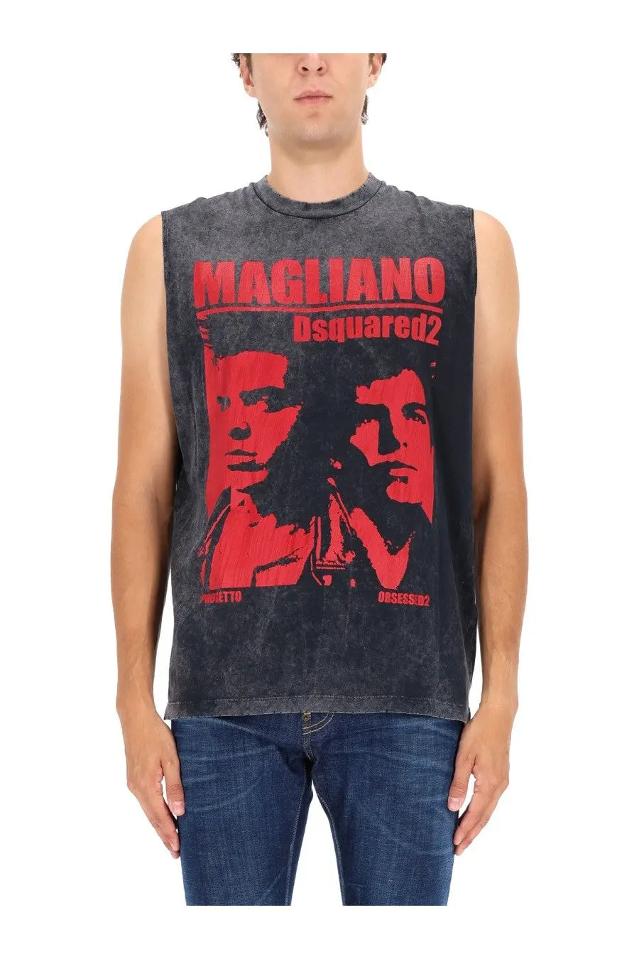 Dsquared2 men’s black distressed sleeveless t-shirt with bold red magliano dsquared2 branding and two faces graphic