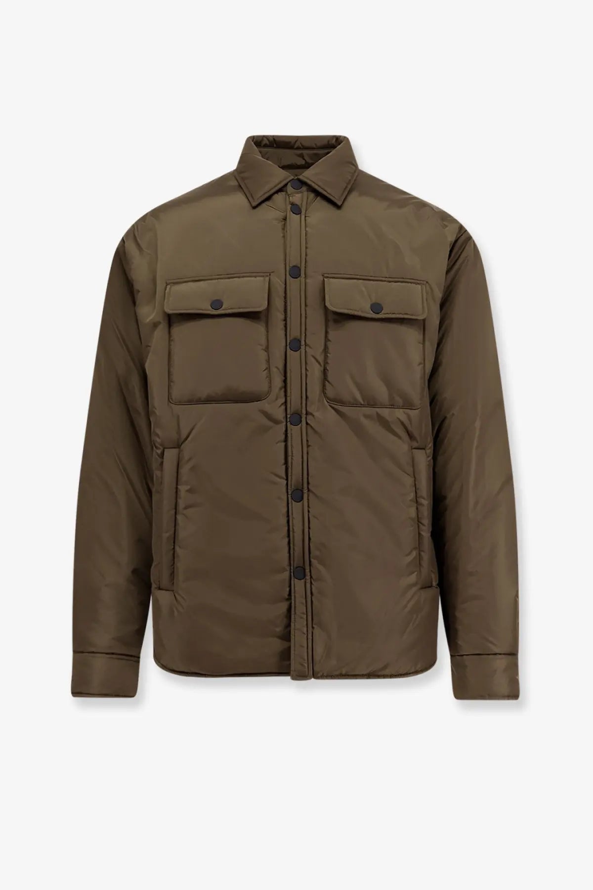 Dsquared2 men’s padded nylon shirt jacket green in olive green quilted design with black buttons and two chest pockets