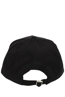 Dsquared2 men’s black baseball cap back view with silver buckle and subtle embossed text along the panel