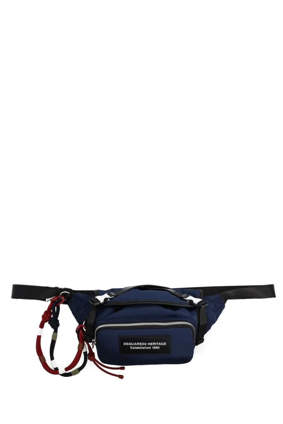 Navy blue dsquared2 men’s pouch heritage waist bag with black straps and red and white braided tassels