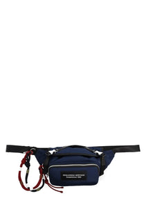 Navy blue dsquared2 men’s pouch heritage waist bag with black straps and red and white braided tassels