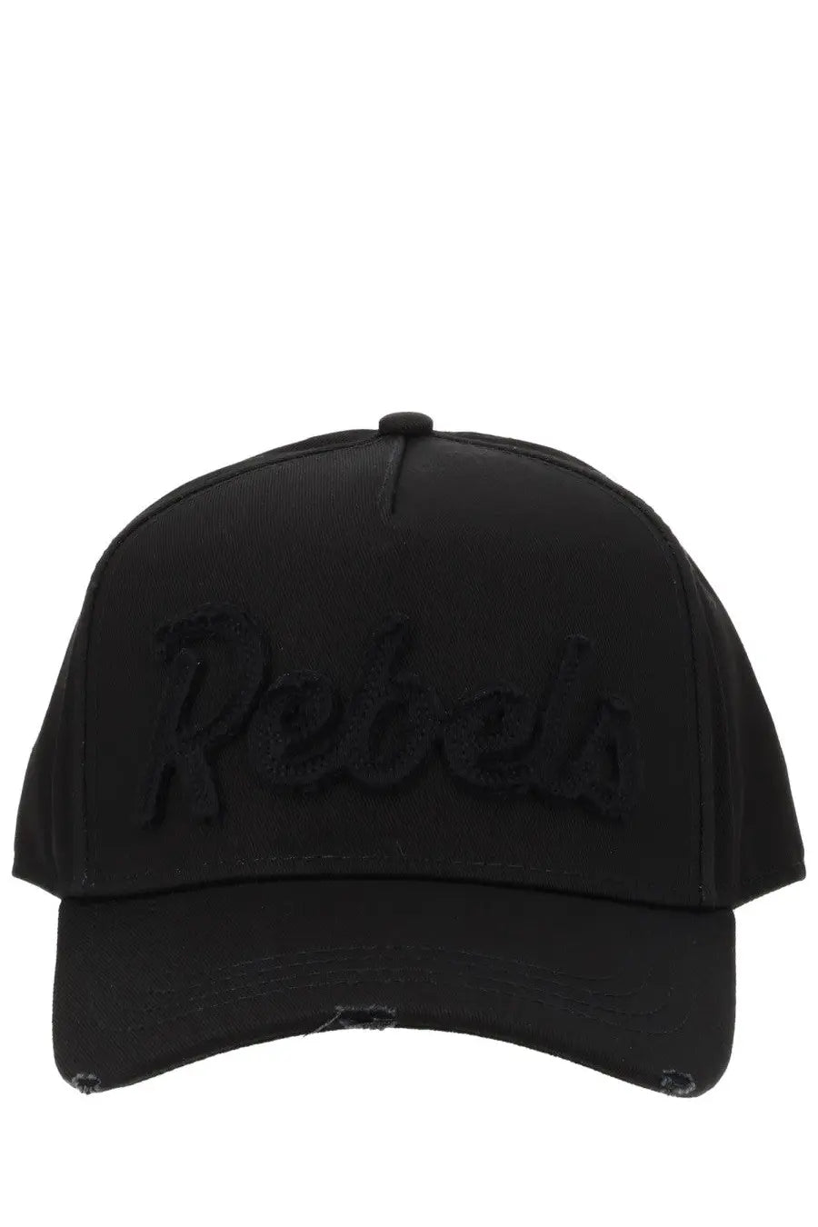Dsquared2 men’s black baseball hat with rebels embroidered in matching black distressed fabric