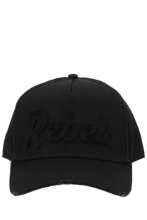 Dsquared2 men’s black baseball hat with rebels embroidered in matching black distressed fabric