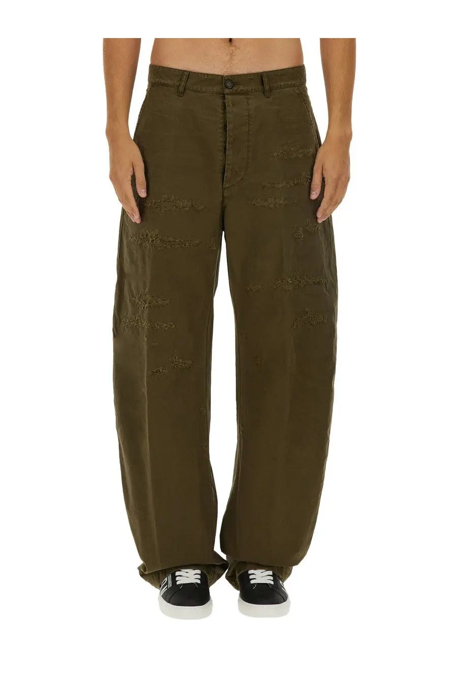 Dsquared2 men’s olive green loose fit ripped chino pants with a distressed design