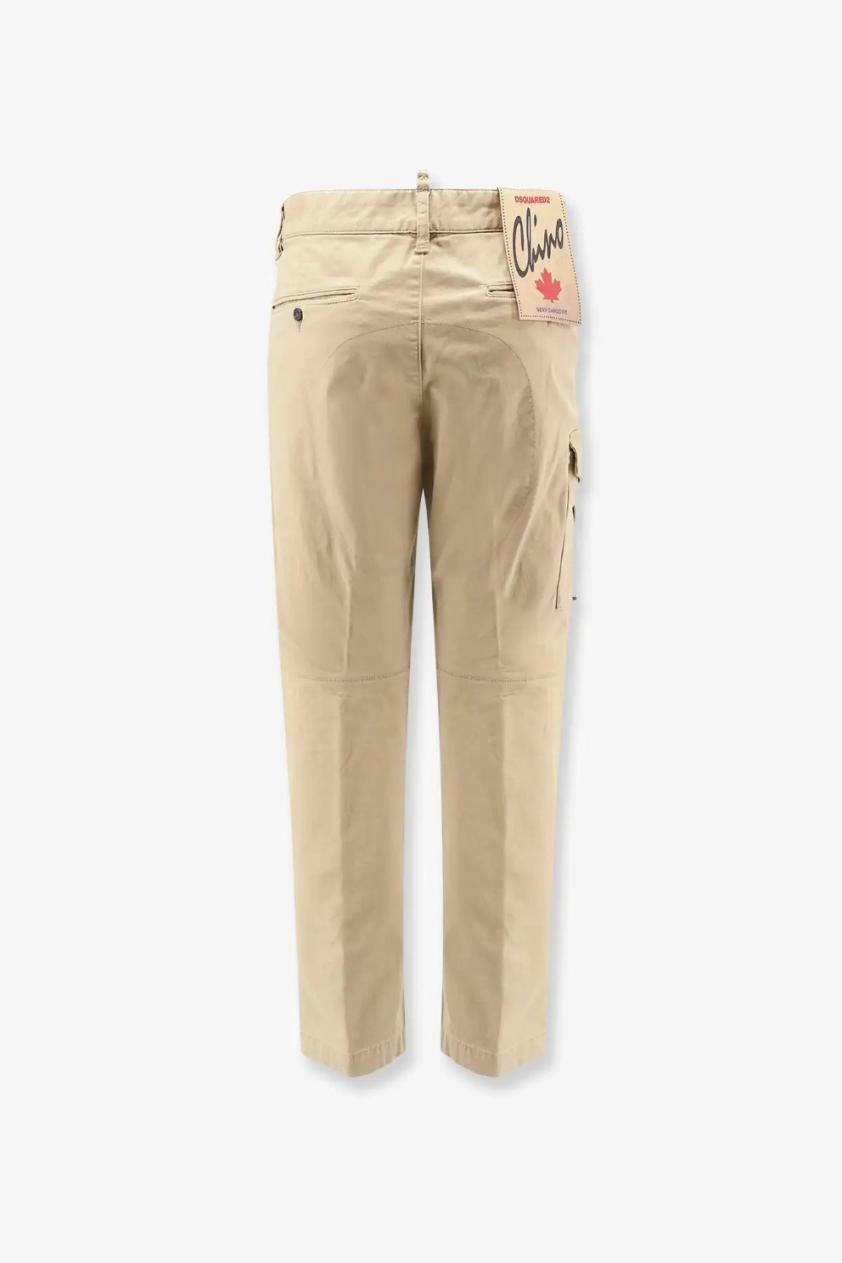 Beige dsquared2 men’s sexy cargo cotton trousers with a climo branded tag and maple leaf logo