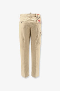 Beige dsquared2 men’s sexy cargo cotton trousers with a climo branded tag and maple leaf logo